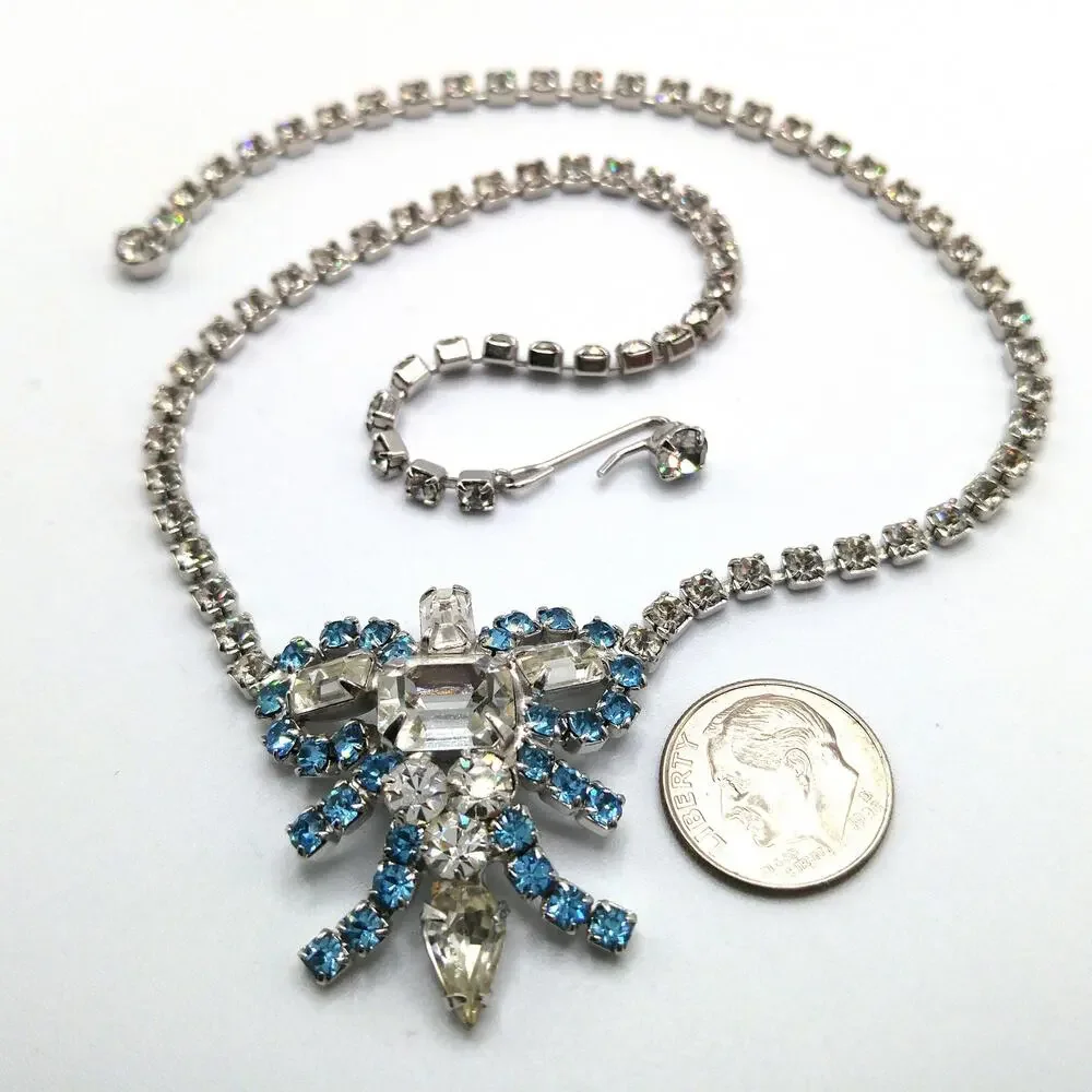 Mid-Century Turquoise Blue Clear Rhinestone Choker Necklace, Rhodium Plated